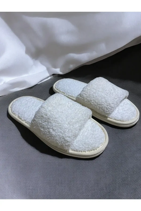 کفش راحتی خانه دمپایی خانگی سفید پشمی unisex با جلو باز - 3956