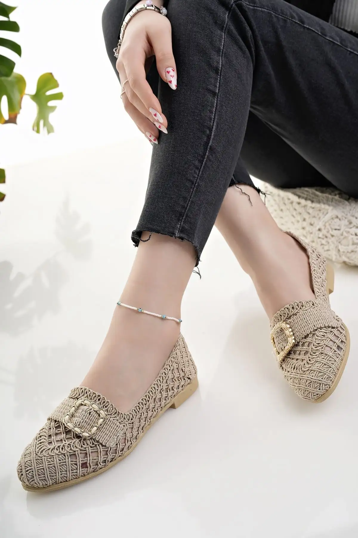 کفش اداری زنانه بافتنی زنانه بیژ بافت حصیری، مناسب برای خانه، کار و استفاده روزمره. - 3224 کفش اداری زنانه بافتنی زنانه بیژ بافت حصیری، مناسب برای خانه، کار و استفاده روزمره. - 3224