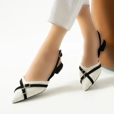 کفش تخت زنانه نماد شیک بودن: پاشنه‌دار مشکی و سفید با نوک تیز - 4538