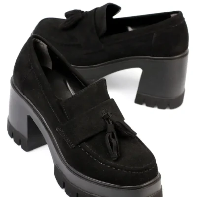 کفش پاشنه‌ بلند زنانه مچ پای ساده با نوک گرد و پاپوش پشمی با پاشنه متوسط - 5147