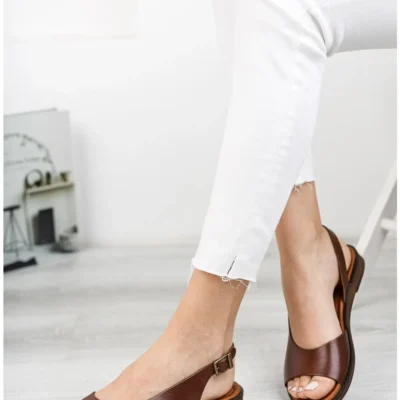 کفش صندل زنانه سندل چرم قهوه‌ای واقعی DP-0076 - 4849