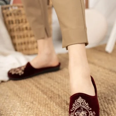 کفش راحتی خانه دمپایی زنانه چینی Bordo - دمپایی نرم و راحت زمستانی - دمپایی باembroیدery برای تشک یا چایز - 4610