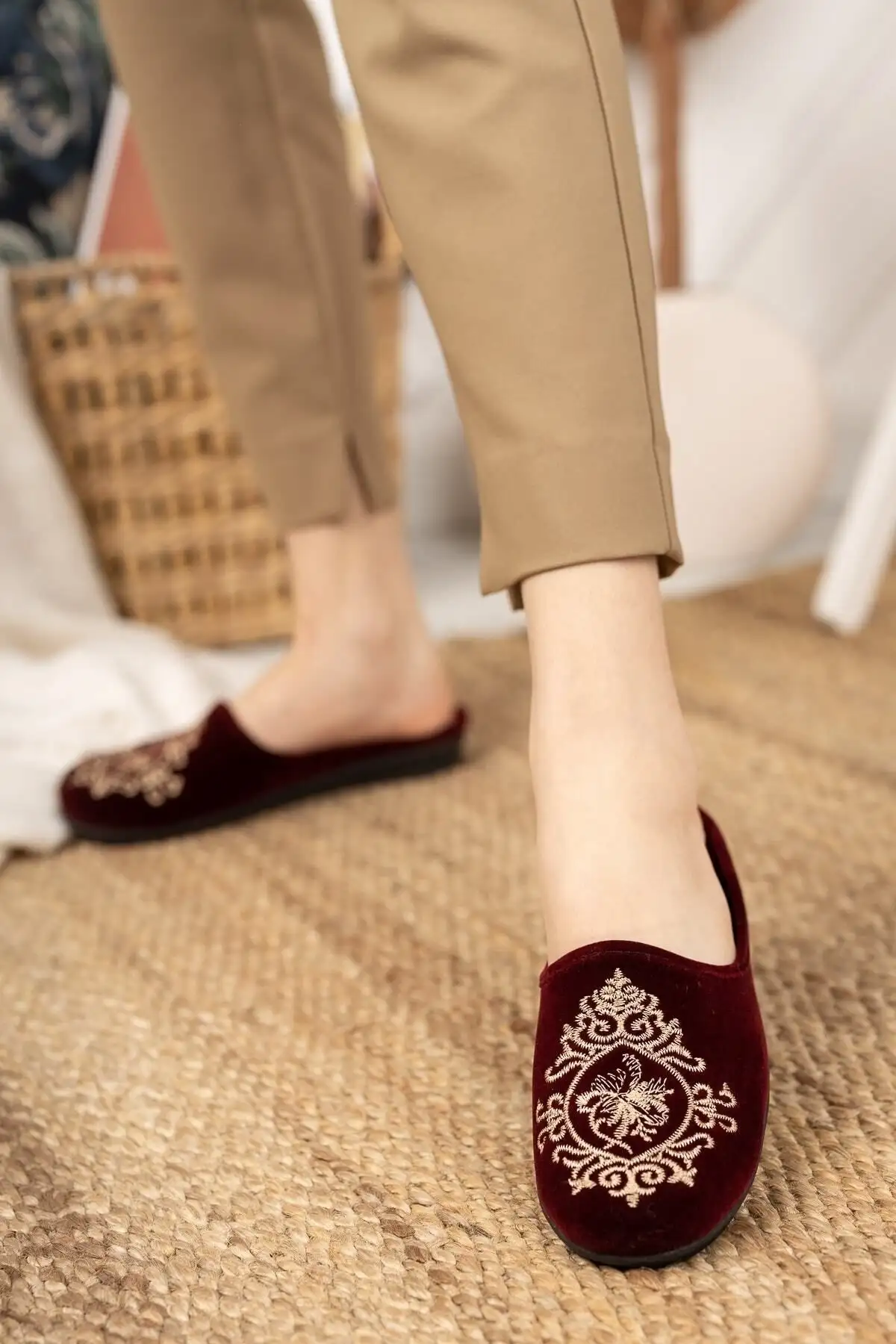 کفش راحتی خانه دمپایی زنانه چینی Bordo - دمپایی نرم و راحت زمستانی - دمپایی باembroیدery برای تشک یا چایز - 4610
