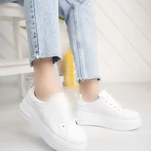 کفش تخت زنانه کفش ورزشی سفید با لایه بلند زرنوس - Yldz006 - 3779