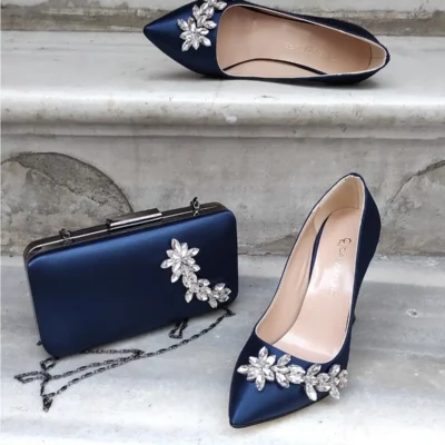 کفش اداری زنانه کیف ست ساتن سرمه‌ای با پاشنه 11 سانتی‌متری و کفش زنانه پاشنه بلند با تزئینات ستاره‌ ای - 3562