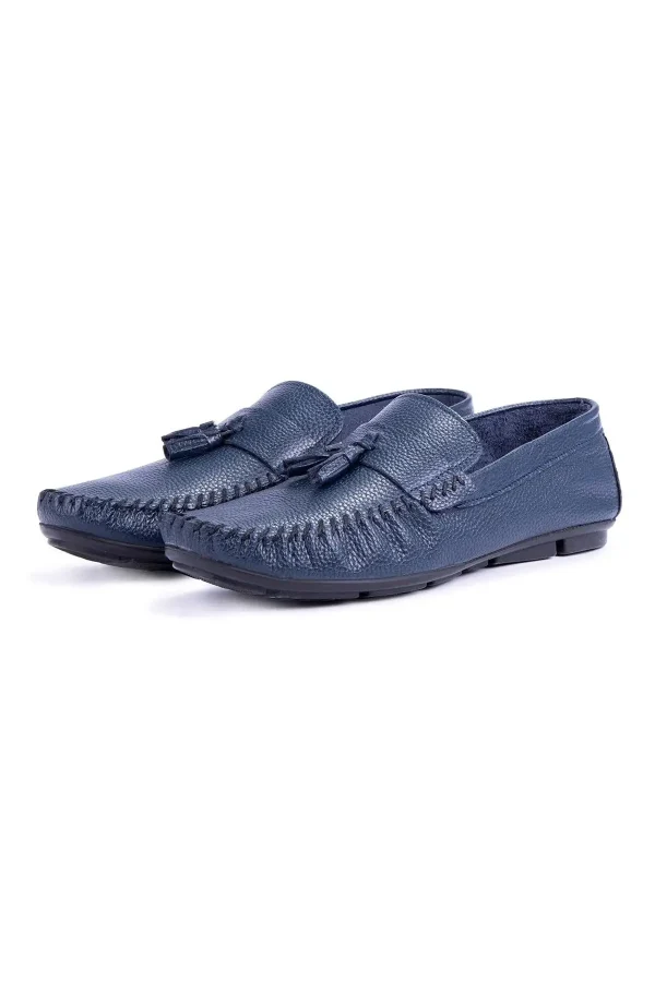 کفش سایز بزرگ مردانه روزانه از چرم طبیعی نوبل، loafer روکش دار به رنگ سرمه‌ای - 5067