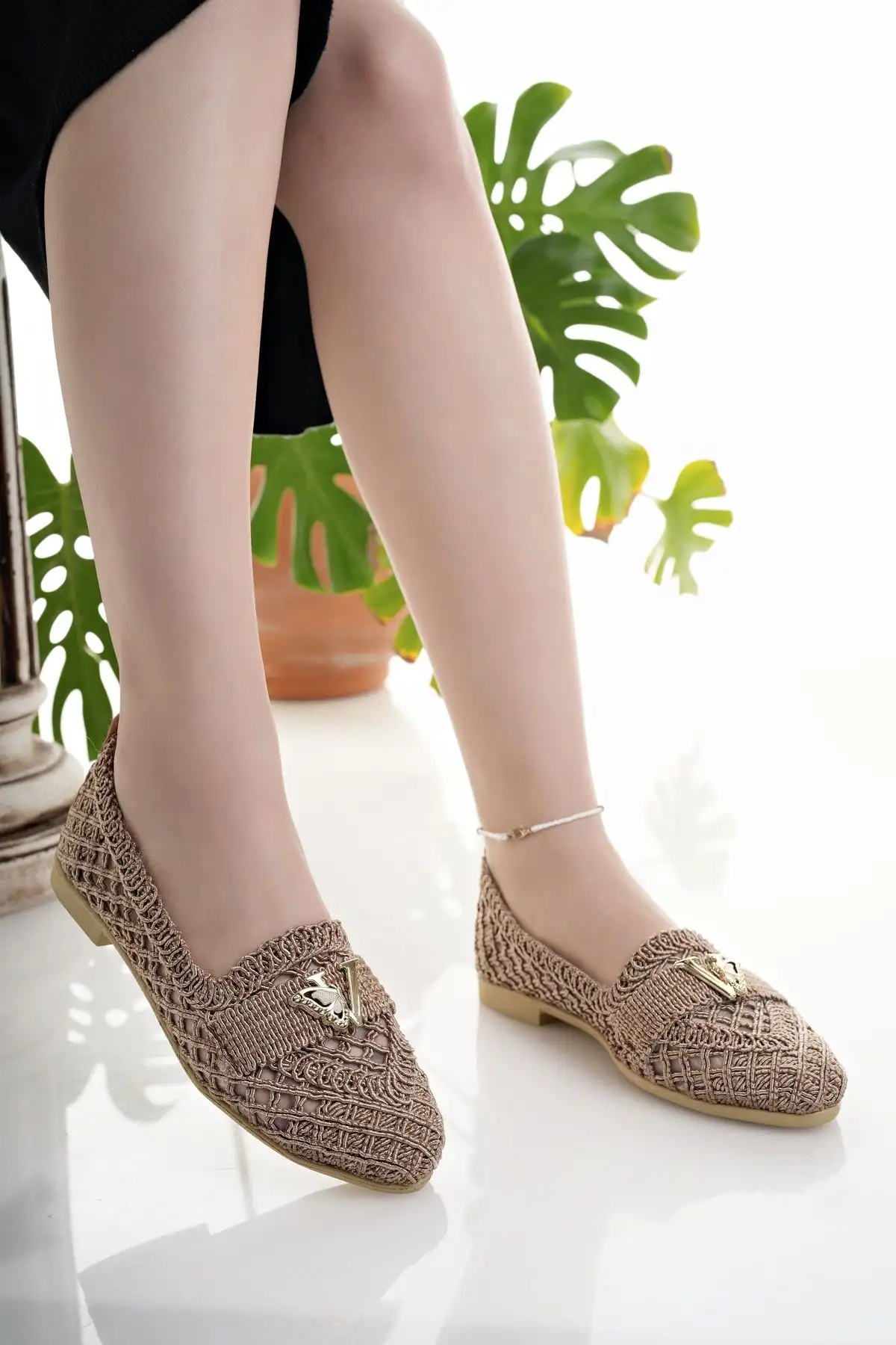 کفش اداری زنانه راحتی تابه حصیری بافتنی روشن شیک برای خانه، کار و روزمره - 4403