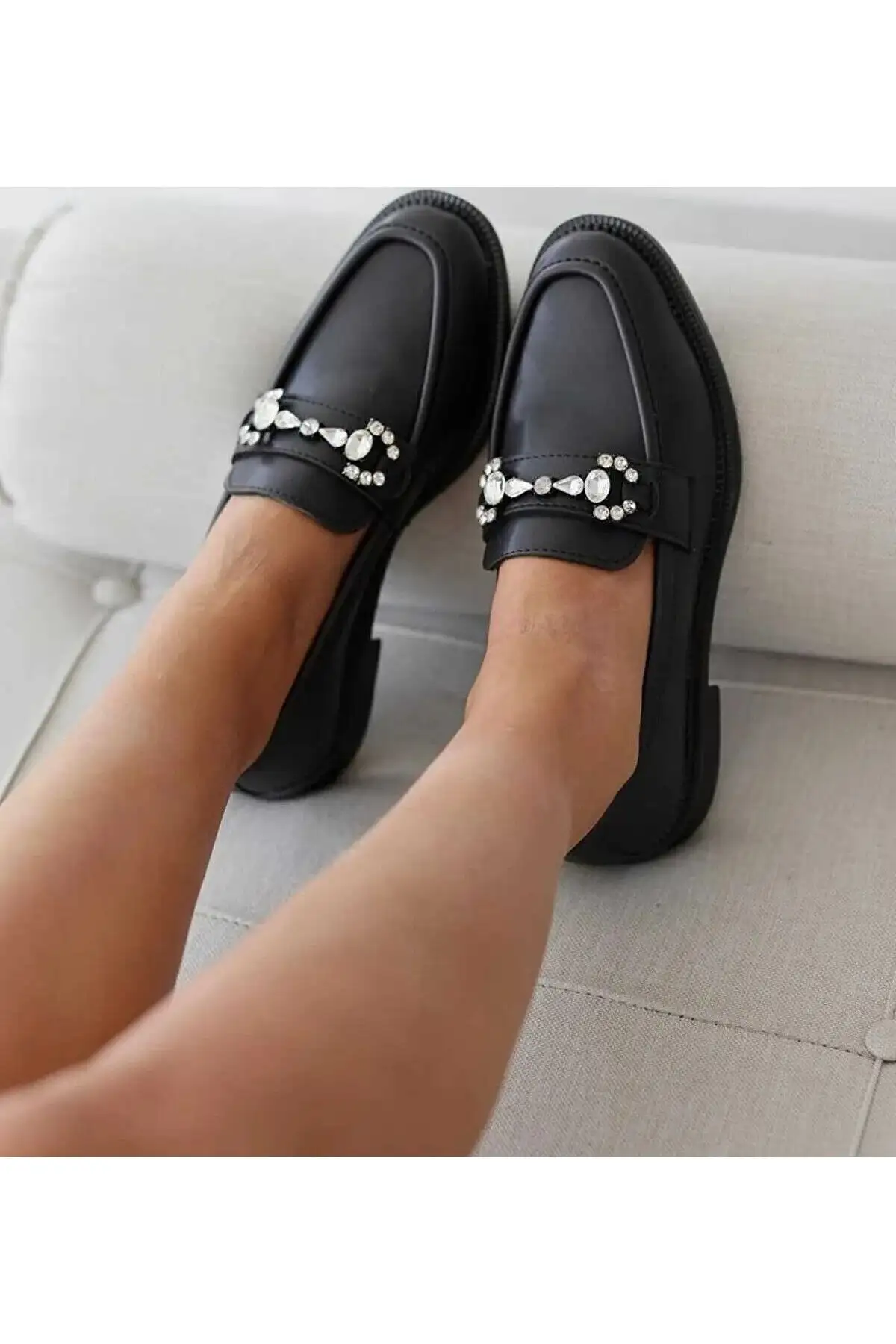 کفش تخت زنانه روزمره سیاه لاوفر با تزئینات سنگی - 4519 کفش تخت زنانه روزمره سیاه لاوفر با تزئینات سنگی - 4519