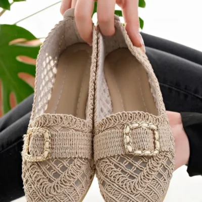 کفش اداری زنانه بافتنی زنانه بیژ بافت حصیری، مناسب برای خانه، کار و استفاده روزمره. - 3224