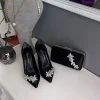 کفش اداری زنانه ست کیف ساتن مشکی با کفش زنانه پاشنه 11 سانتی شومپانی و نقره‌دوزی ستاره‌ای - 3561