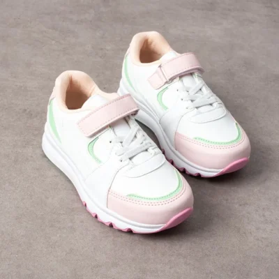 کفش پسرانه ورزشی آناتومیک کودکانه صورتی و سفید با رنگ آبیشی - 5167