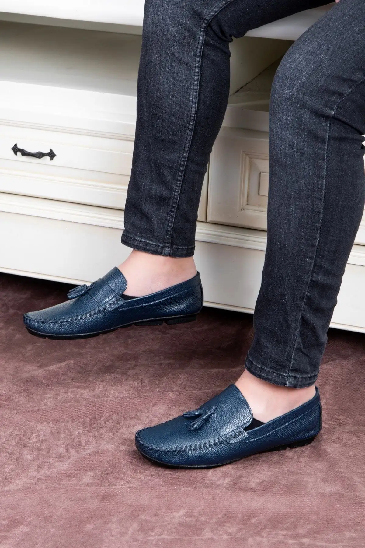 کفش سایز بزرگ مردانه روزانه از چرم طبیعی نوبل، loafer روکش دار به رنگ سرمه‌ای - 5067