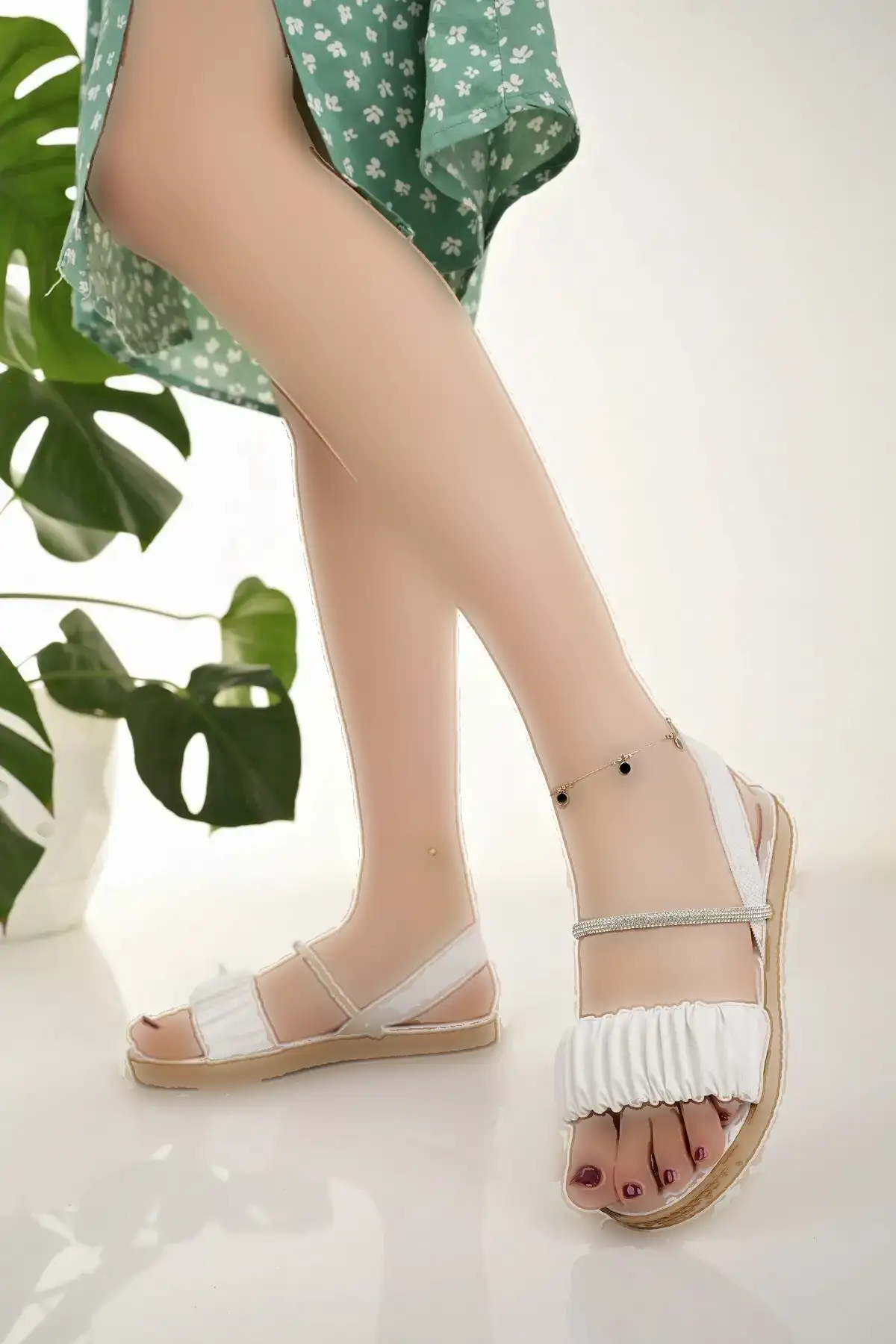 کفش صندل زنانه سندل سفید شیک تابستانی ساحلی روزمره سنگ‌دار - 4096