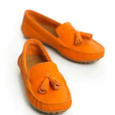 کفش تخت زنانه 201-اورج قهوه‌ای بپوش دارای پاپیون و نوک بیضی از چرم طبیعی و رنگ نارنجی - 4521