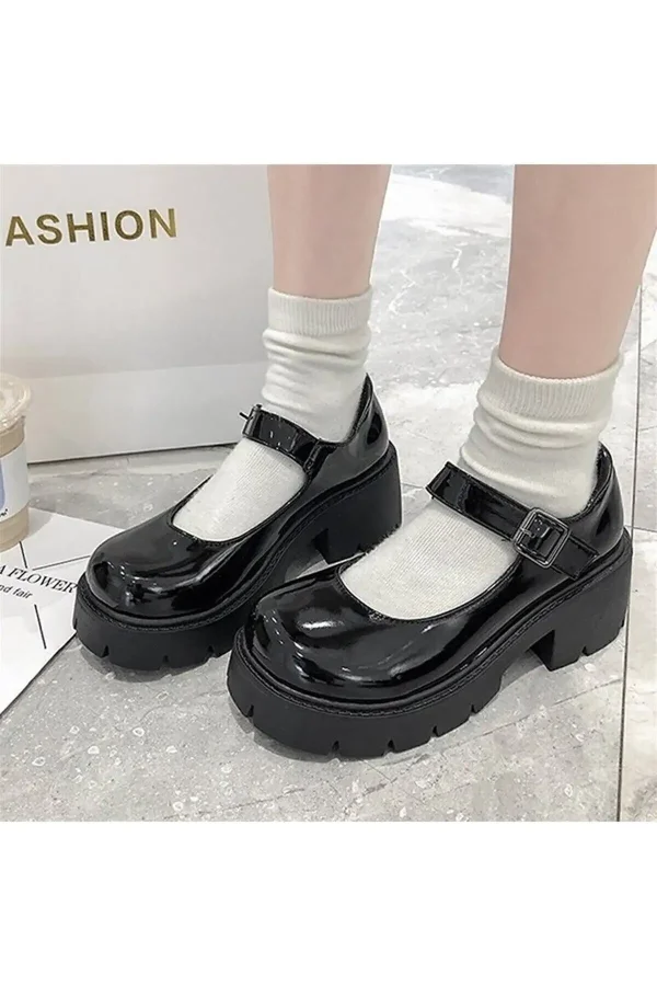 کفش دخترانه لولیتا به سبک هاراجوکو با رویه چرم مشکی - 5074