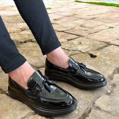 کفش رسمی مردانه کلاسیک مشکی براق با پاپیون و کفی ضخیم طراحی شیک - 4629