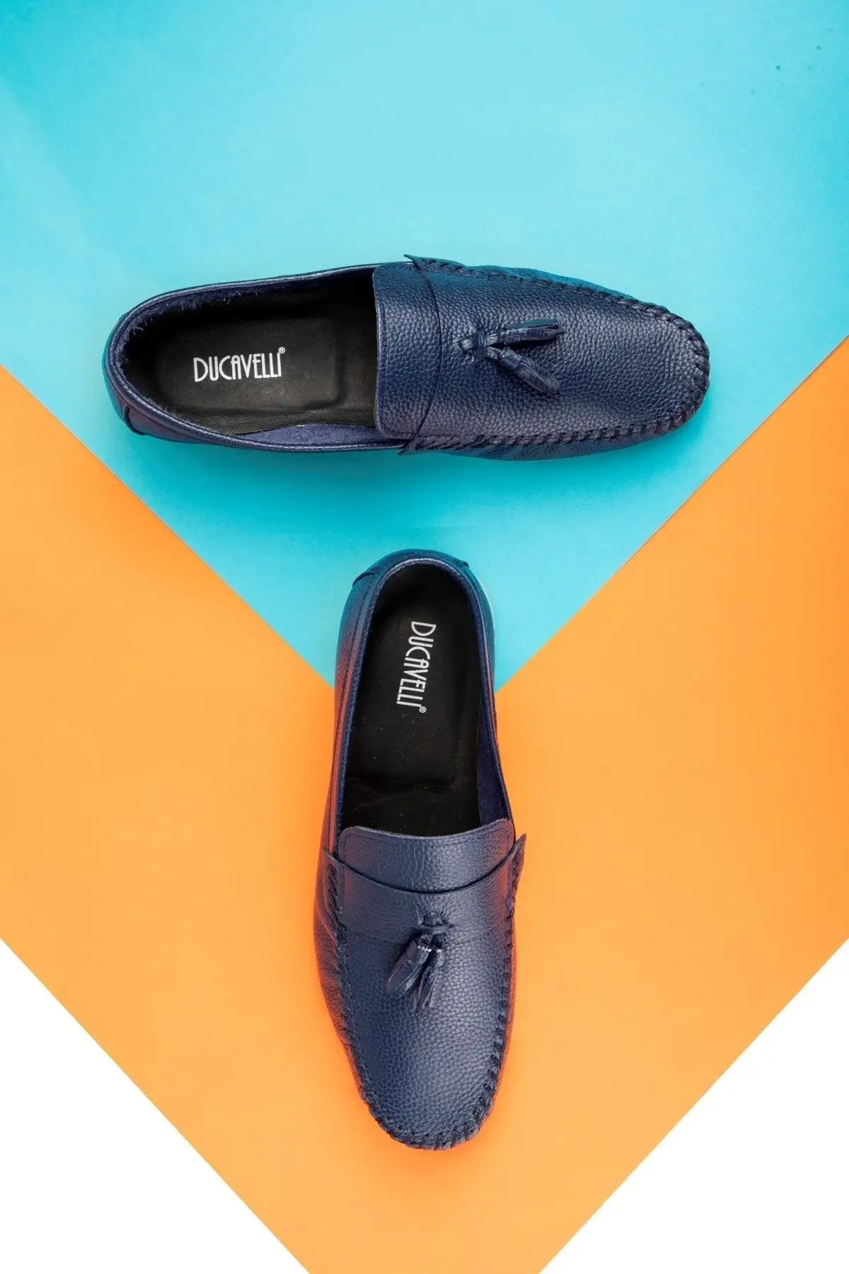 کفش سایز بزرگ مردانه روزانه از چرم طبیعی نوبل، loafer روکش دار به رنگ سرمه‌ای - 5067