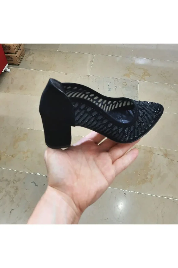 کفش پاشنه‌ بلند زنانه پاشنه کلاسیک با توری نرم و سنگ‌دار برای پاهای کج و استخوانی - 4303