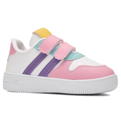 کفش دخترانه ورزشی راحت و سبک بچه‌گانه و پسرانه، رنگ نارنجی و سفید، با نوار چسبی و دو نوار. مدل ZL001 - 4563