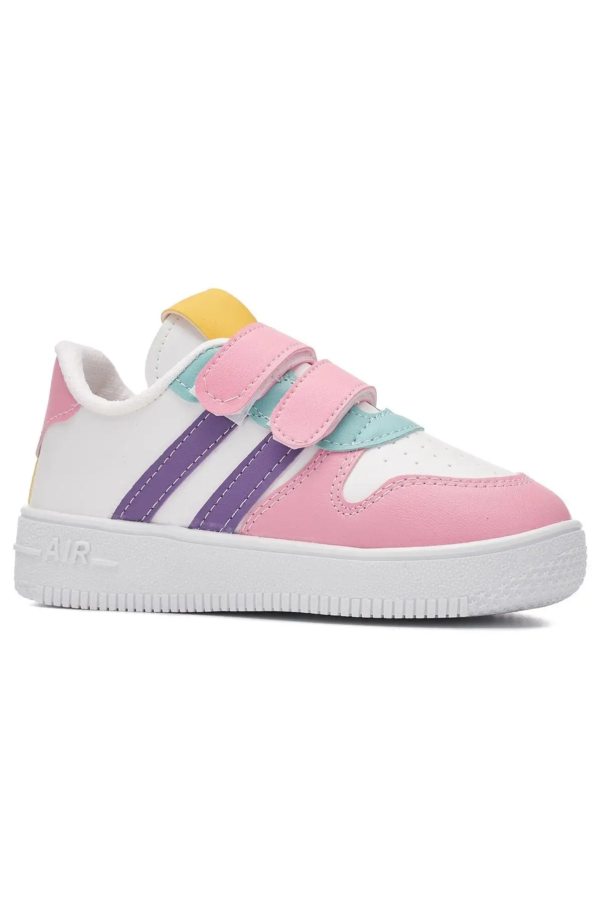 کفش دخترانه ورزشی راحت و سبک بچه‌گانه و پسرانه، رنگ نارنجی و سفید، با نوار چسبی و دو نوار. مدل ZL001 - 4563