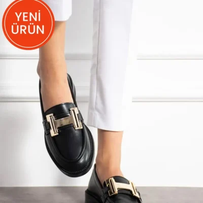 کفش تخت زنانه کفش لوفر کلاسیک زنانه سیاه چرم روزمره راحت با سگک کلاوانیز - 3232