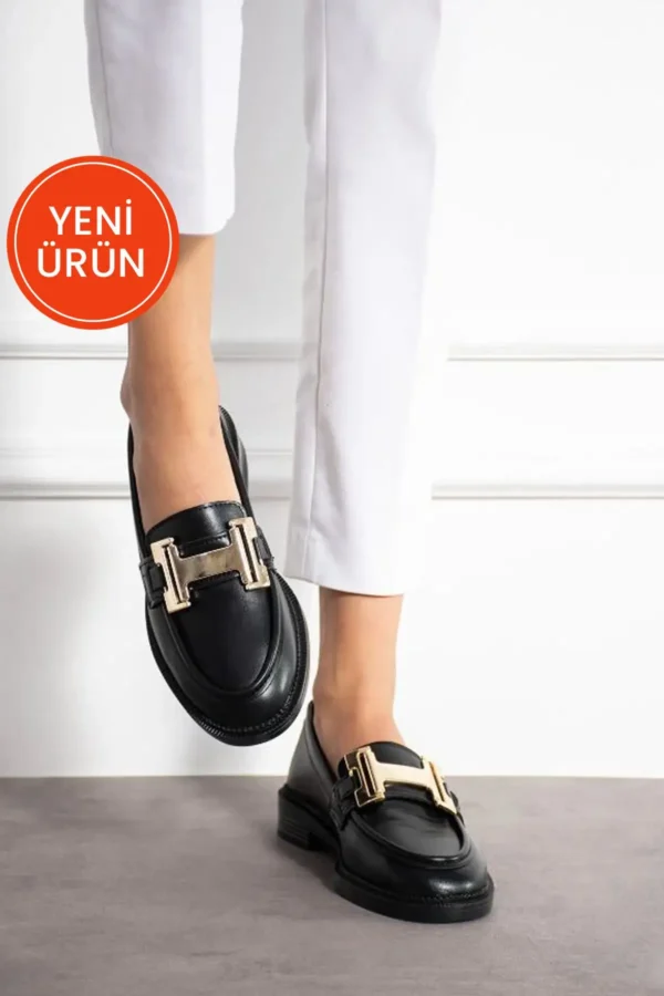 کفش تخت زنانه کفش لوفر کلاسیک زنانه سیاه چرم روزمره راحت با سگک کلاوانیز - 3232
