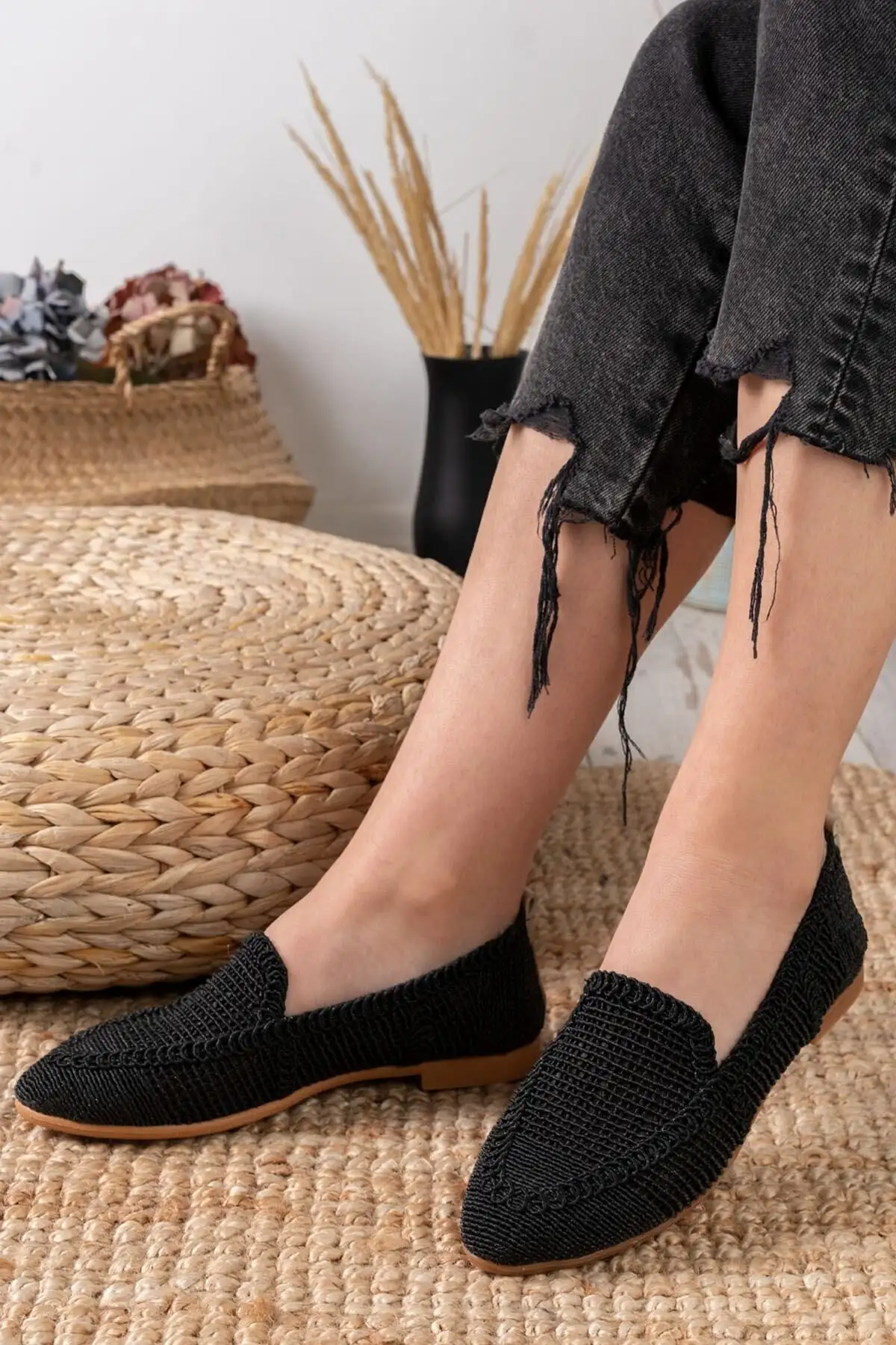 کفش تخت زنانه بافتنی با نوار توری ، دمپایی خانگی، خانگی - 5198 کفش تخت زنانه بافتنی با نوار توری ، دمپایی خانگی، خانگی - 5198