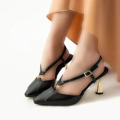 کفش پاشنه‌ بلند زنانه دار مات مشکی لوکس با جزئیات طلایی - مناسب برای ترکیب‌های روزمره و مناسبت‌های ویژه شیک و زیبا - 4428