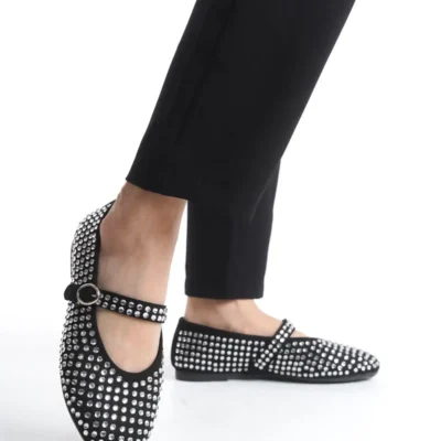 کفش اداری زنانه باله با سنگ سیاه، با بند قابل تنظیم، سبک، راحت و شیک برای محیط کار و استفاده روزمره - 4247