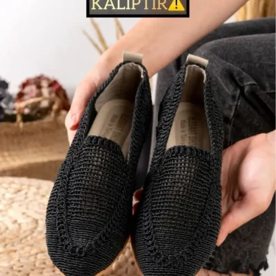 کفش تخت زنانه بافتنی با نوار توری ، دمپایی خانگی، خانگی - 5198