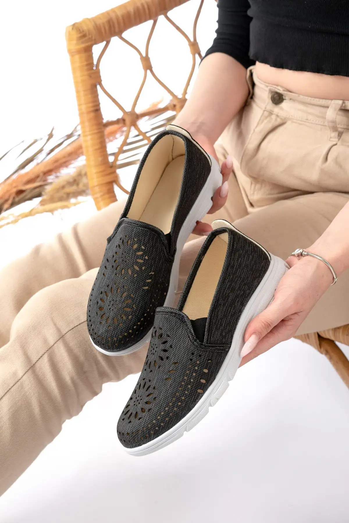 کفش اداری زنانه کفش روزمره زنانه با برش لیزری، کفش اداری و آفیس مادر، کفش تخت اورتوپدیک روزمره - 3536