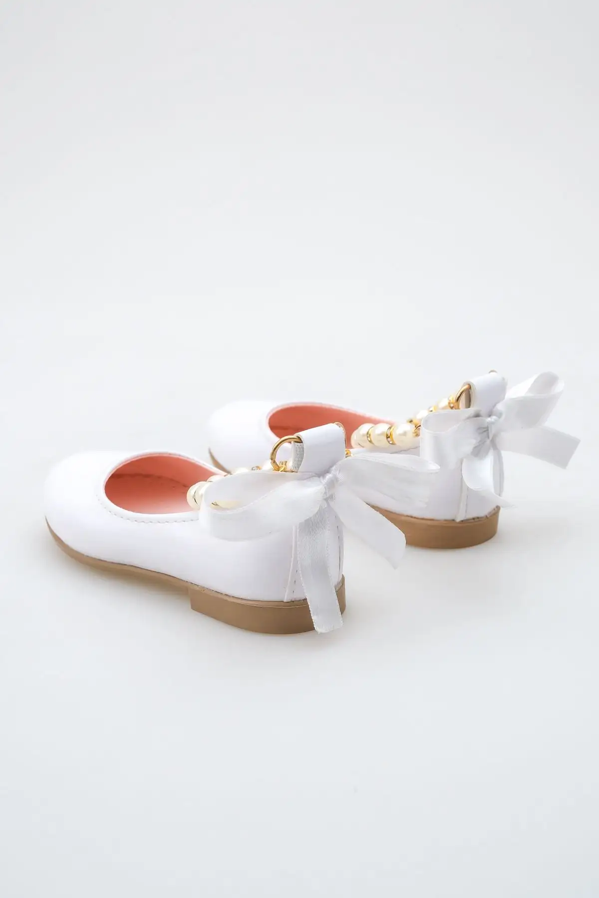 کفش بچگانه بافت براق سفید با پاپیون مرواریدی برای دختران بچه - 4416