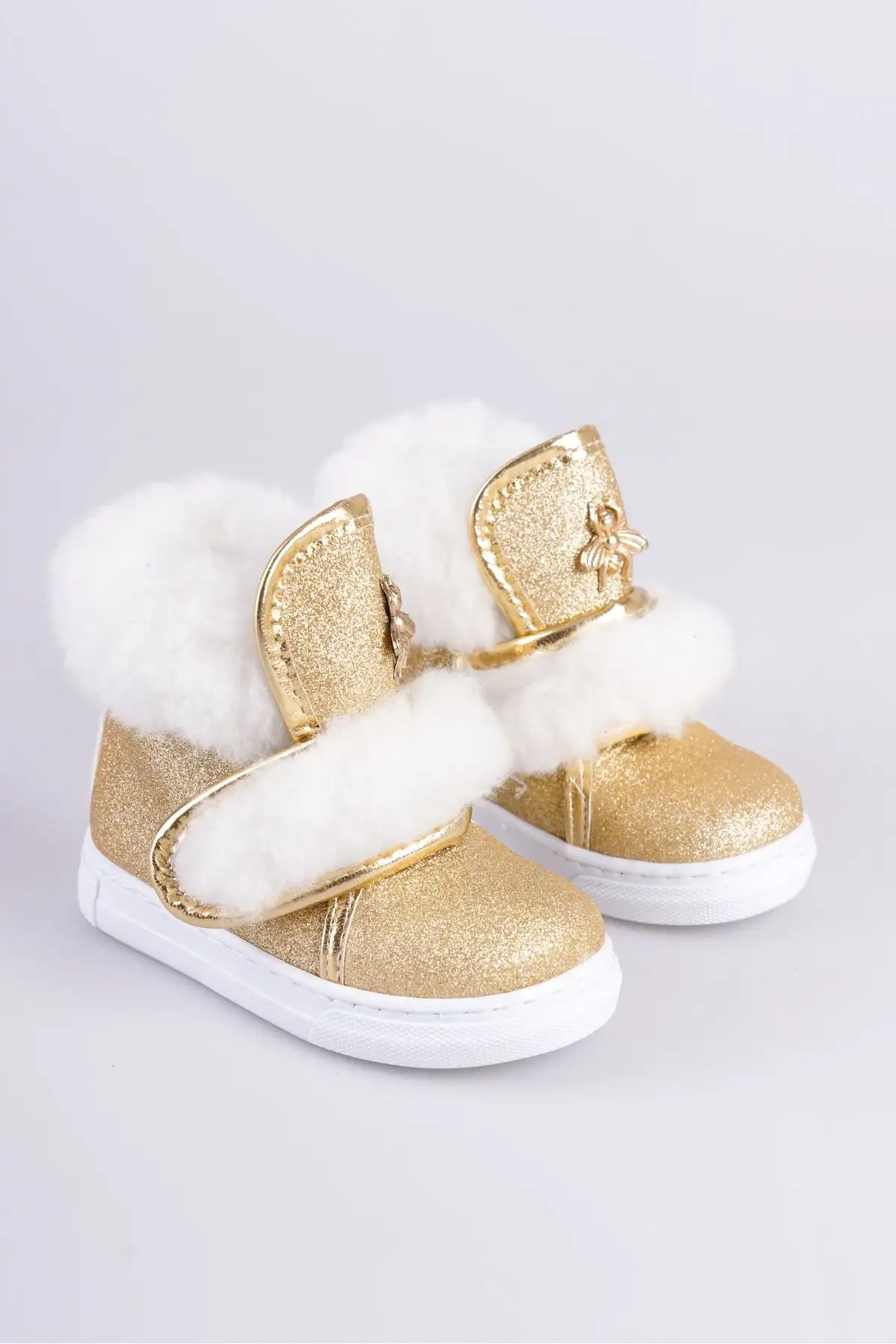 بوت بچگانه بوت دخترانه با جزئیات زنبوری و زیره ضد لغزش، با رویه مخملی و پوشش طلایی. - 3411