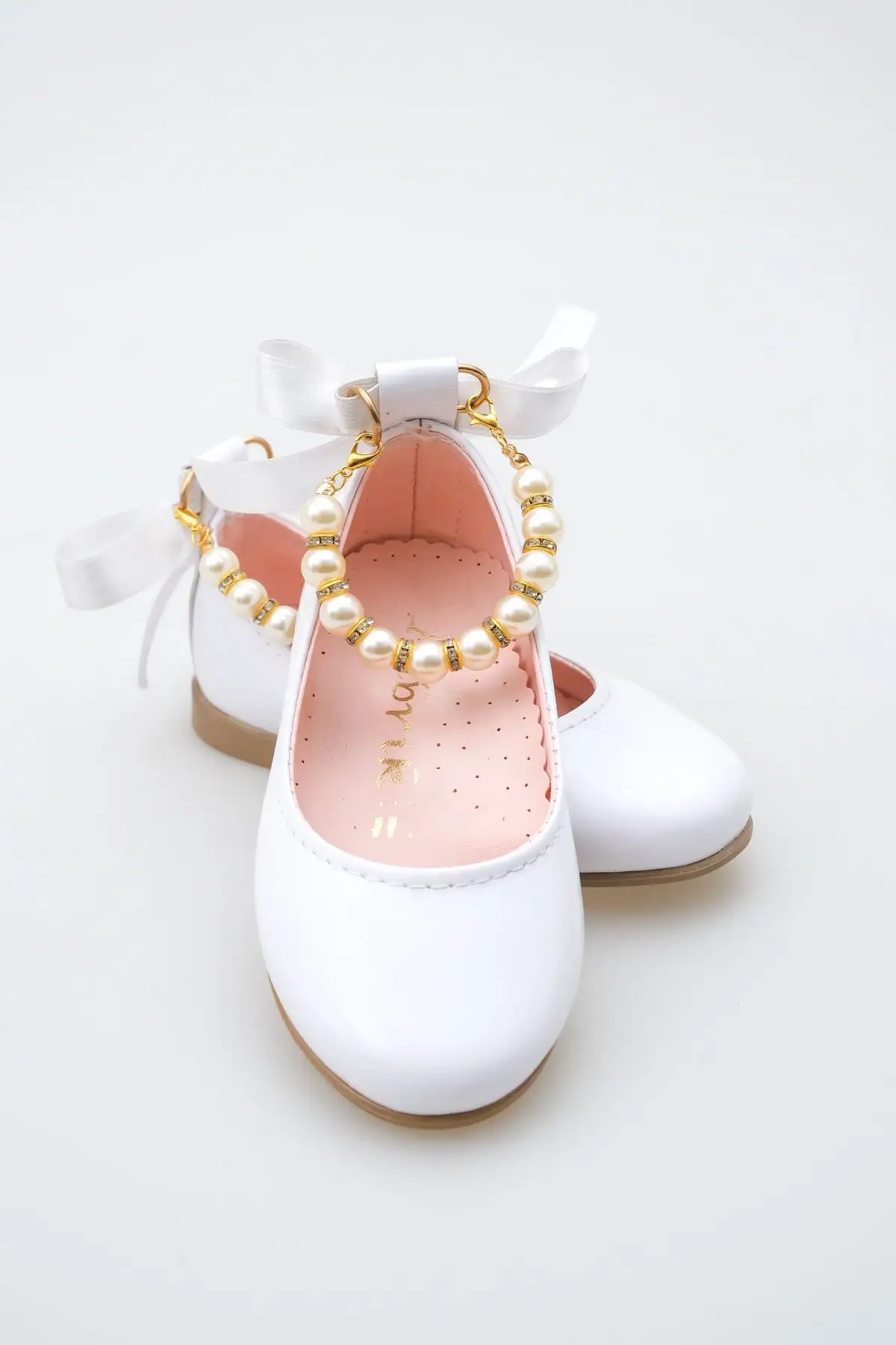 کفش بچگانه بافت براق سفید با پاپیون مرواریدی برای دختران بچه - 4416