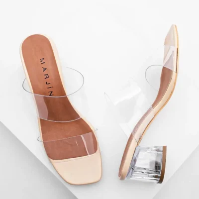 کفش راحتی خانه زیرپایی شفاف زنانه با بند شفاف پاشنه‌دار Yesva رنگ بژ - 5277