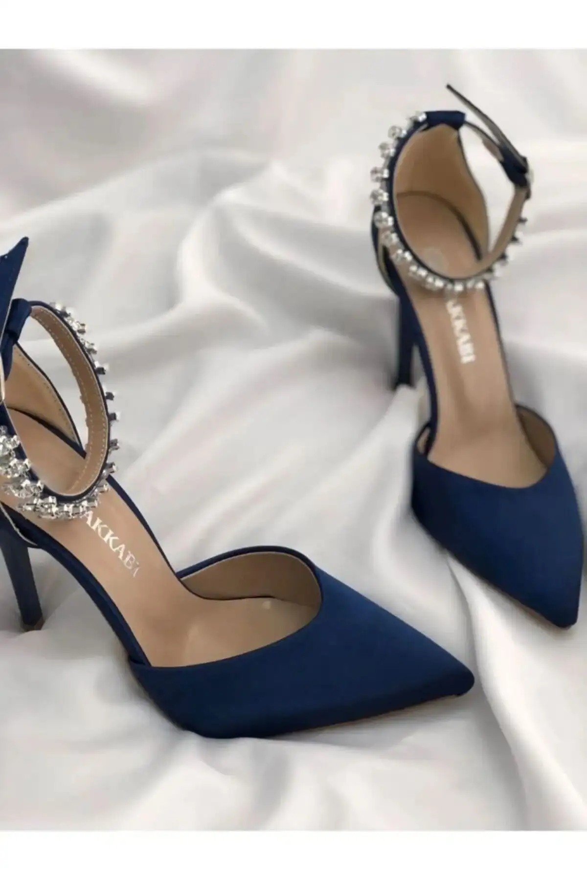 کفش پاشنه‌ بلند زنانه کفش پاشنه بلند ابی ساتن با نگین - ارتفاع پاشنه 9 سانتی متر - 3694