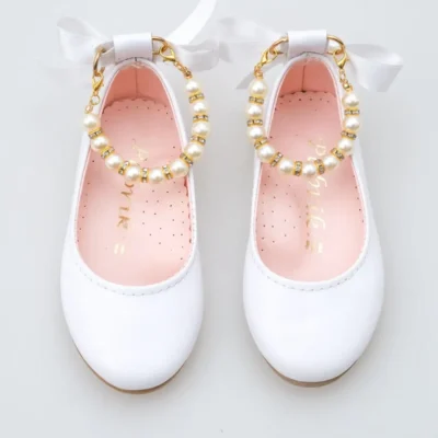 کفش بچگانه بافت براق سفید با پاپیون مرواریدی برای دختران بچه - 4416