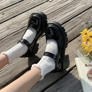 کفش دخترانه لولیتا به سبک هاراجوکو با رویه چرم مشکی - 5074