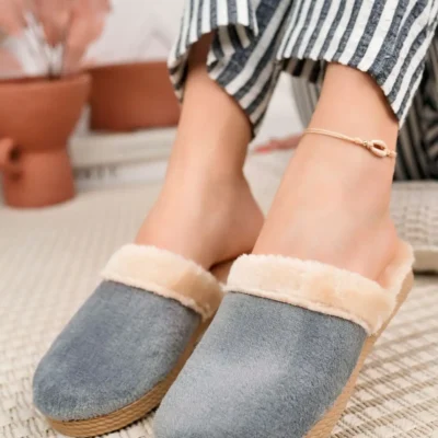 کفش راحتی خانه ترمه زمستانی رنگ خاکستری پشمی زنانه دمپایی مهمان جهیزیه دمپایی عروس - 3987