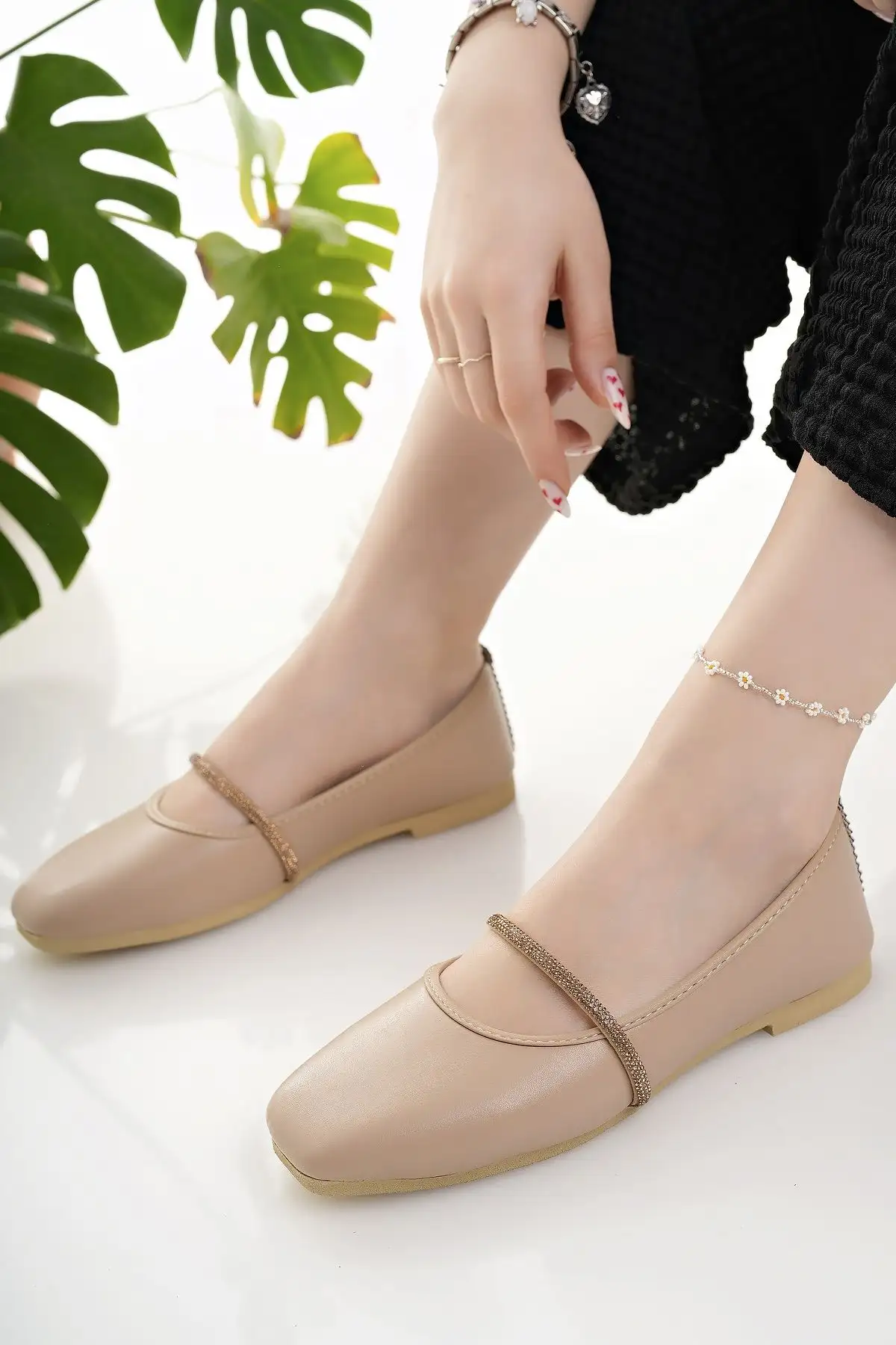 کفش اداری زنانه کفش زنانه بامبو بژ با تزئینات سنگی - کفش شیک روزمره برای خانه، کار و دفتر - 3223