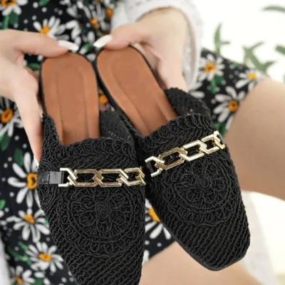 کفش راحتی خانه "دمپایی حصیری زنانه با جلو بسته، مشکی، با بافت توری و زنجیر، دمپایی روزمره برای جهیزیه" - 5348