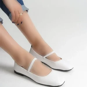کفش تخت زنانه بابت بنددار مات سفید - 4517