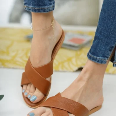 کفش راحتی خانه صندل روزمره زنانه چرم قهوه‌ای، پکیج جهیزیه، مناسب برای مهمان، ، دریا، ساحل و تعطیلات - 5350