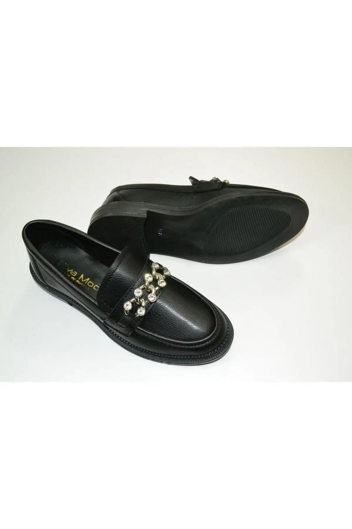 کفش اداری زنانه راحتی اورتopedik مشکی رنگ با جزئیات زنجیری ، مناسب برای کار، دفتر و استفاده روزمره با نوک دایره‌ای - 6768