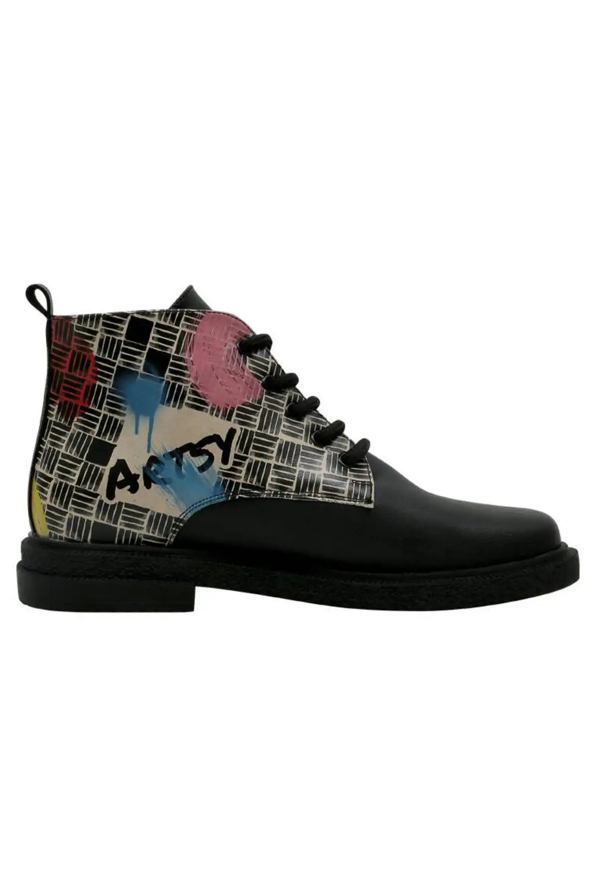 بوت و نیم‌ بوت زنانه کتاه با چرم گیاهی مشکی - طراحی کلاژ گربه هنری - 6182