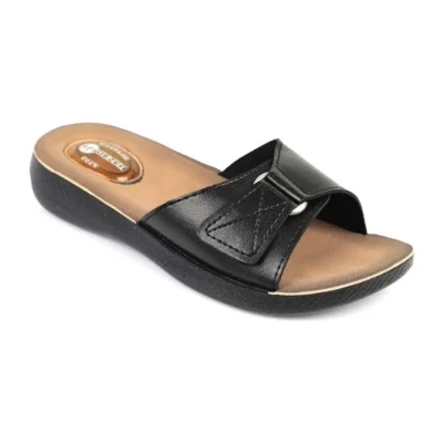 کفش راحتی خانه دمپایی روزمره زنانه مشکی با بند چسبی و کفی ماساژ دهنده ارتوپدیک - 6333