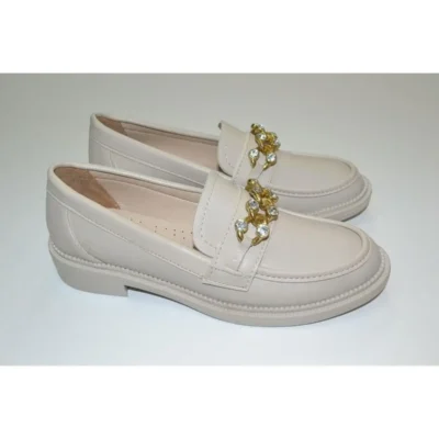 کفش اداری زنانه راحتی با جزئیات زنجیری، مناسب برای کار، روزمره و ، با نوک گرد و رنگ کرم. - 6781