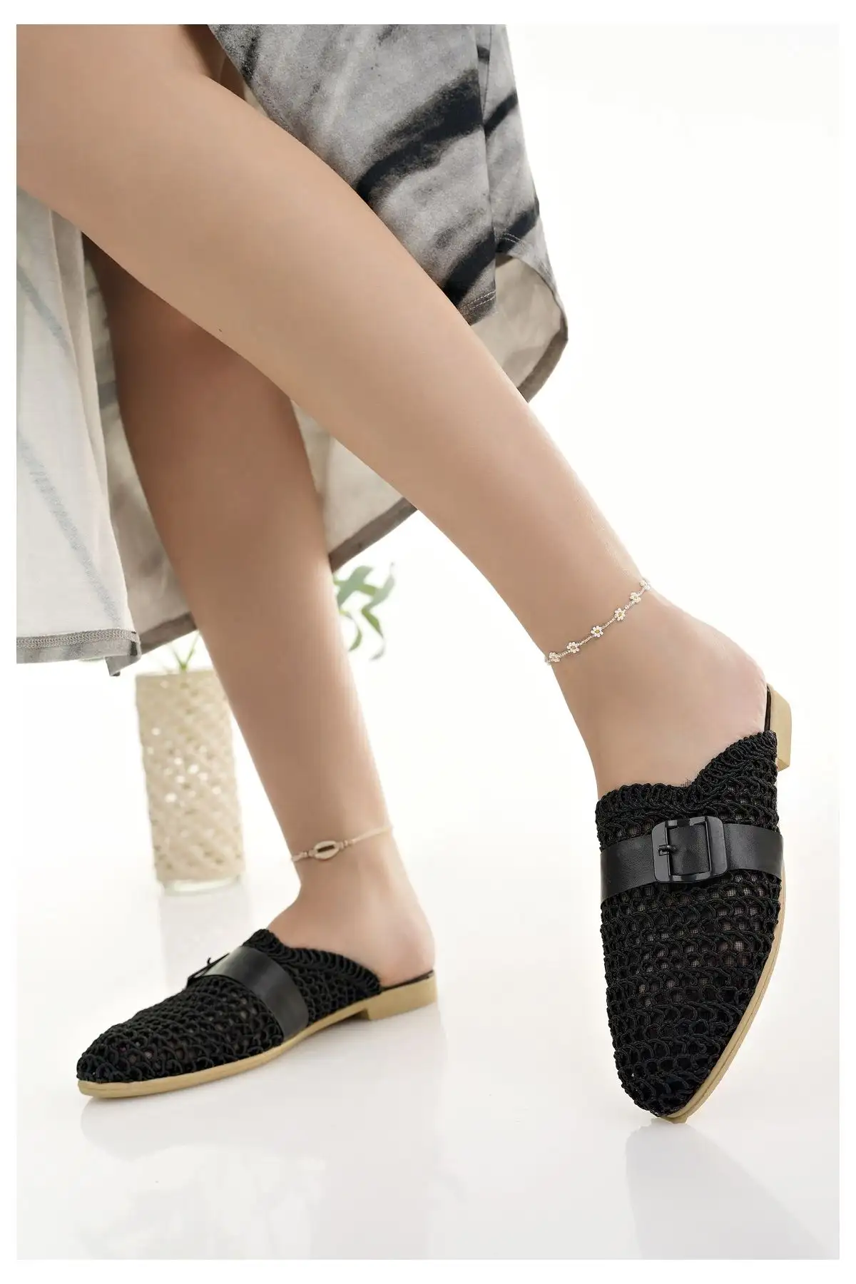 کفش اداری زنانه روزمره مشکی جلو بسته با بافت کنفی و بافت تریکو شیک مناسب برای خانه، ساحل، تعطیلات و محل کار - 5722