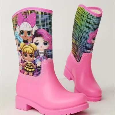 بوت بچگانه چکمه‌های بارانی دخترانه صورتی با چاپ LOL و ضدآب - 5566