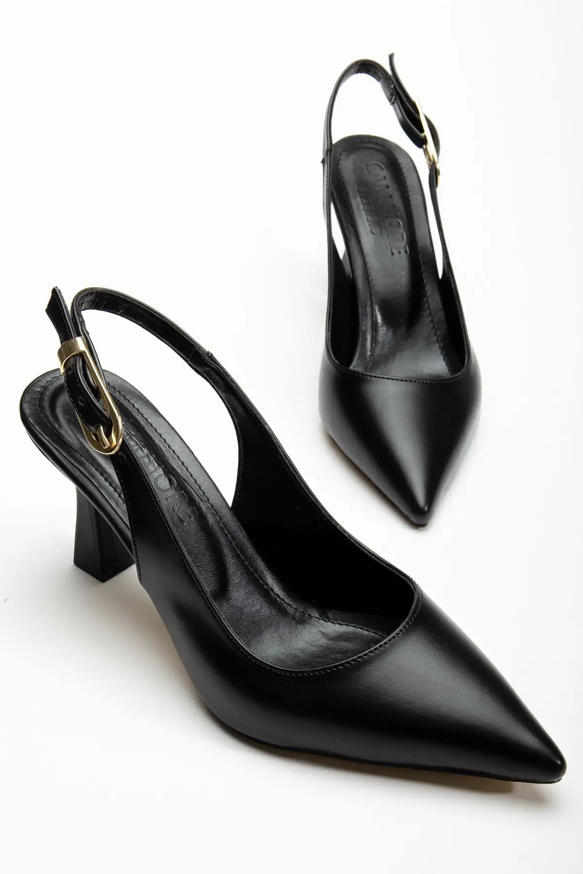 کفش مجلسی زنانه پاشنه‌دار مشکی چرم با بند راحت - 7152